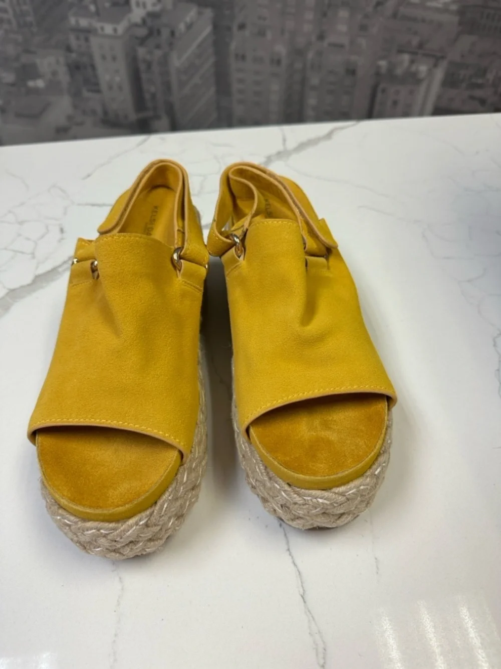 Anthro Kelsi Dagger Brooklyn Keys Yellow Suede Platform Espadrille Sandal Sz 11